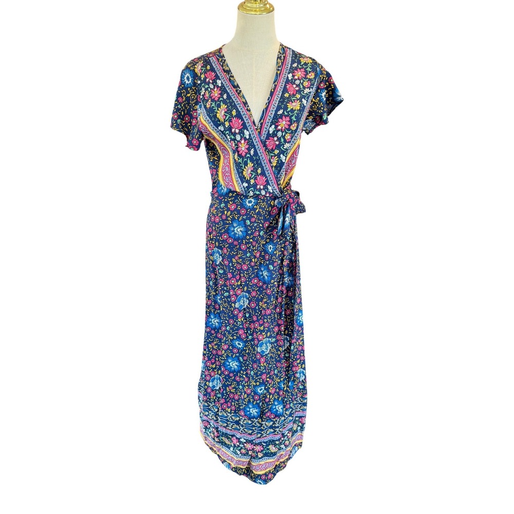PrettyGarden Navy Blue Floral Boho Maxi Wrap Dress Short Sleeve Rayon Size M NWT
